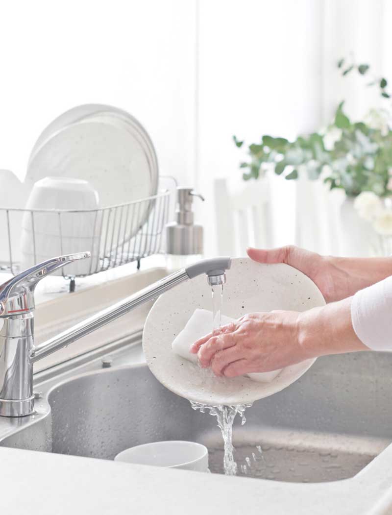 female washing dishes